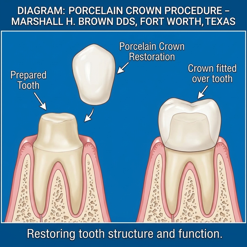 Detailed diagram showing a porcelain dental crown being fitted over a prepared tooth to fully encase and restore it at Marshall H. Brown DDS Fort Worth Texas