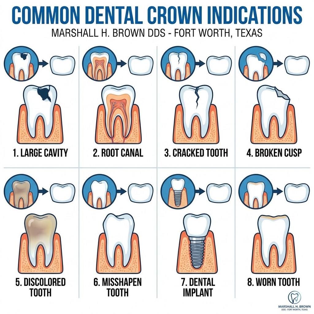 Composite illustration showing the eight most common situations where a dental crown is the recommended treatment at Marshall H. Brown DDS Fort Worth Texas
