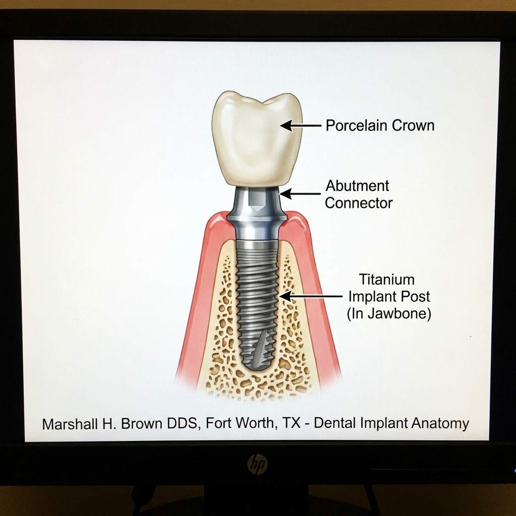 Cross-section anatomy diagram showing the three components of a dental implant: titanium post in jawbone, abutment connector, and porcelain crown at Marshall H. Brown DDS Fort Worth TX