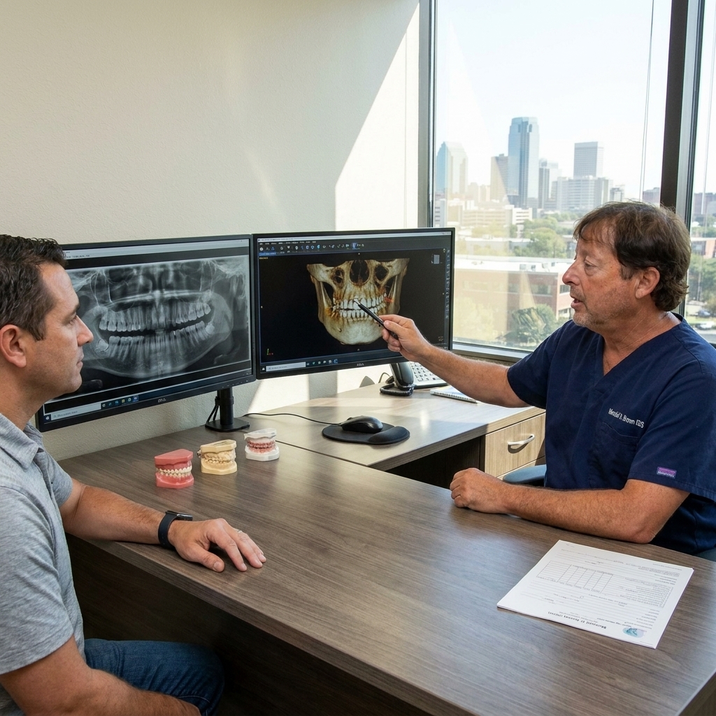 Dr. Marshall H. Brown reviewing dental X-rays and 3D scan with a patient to determine dental implant candidacy at his Fort Worth Texas dental practice