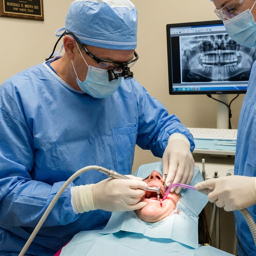 Dr. Marshall H. Brown carefully placing a titanium dental implant post into the jawbone during oral surgery at his Fort Worth Texas dental office