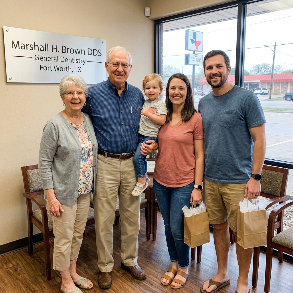 Three generations of a family smiling together after their dental checkups at Marshall H. Brown DDS general dentistry practice in Fort Worth Texas