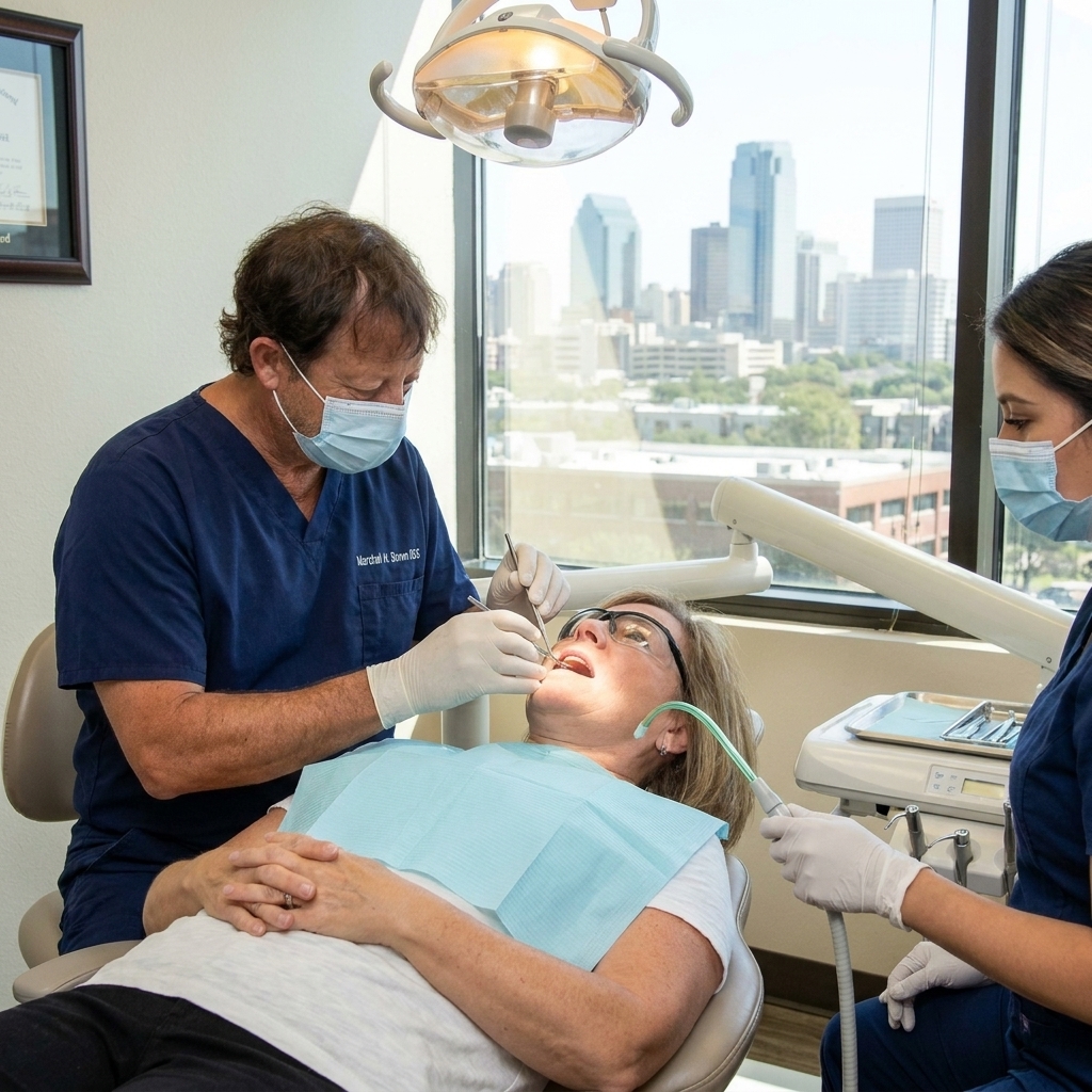 Dr. Marshall H. Brown DDS performing a comprehensive dental examination on a patient at his Fort Worth Texas general dentistry practice
