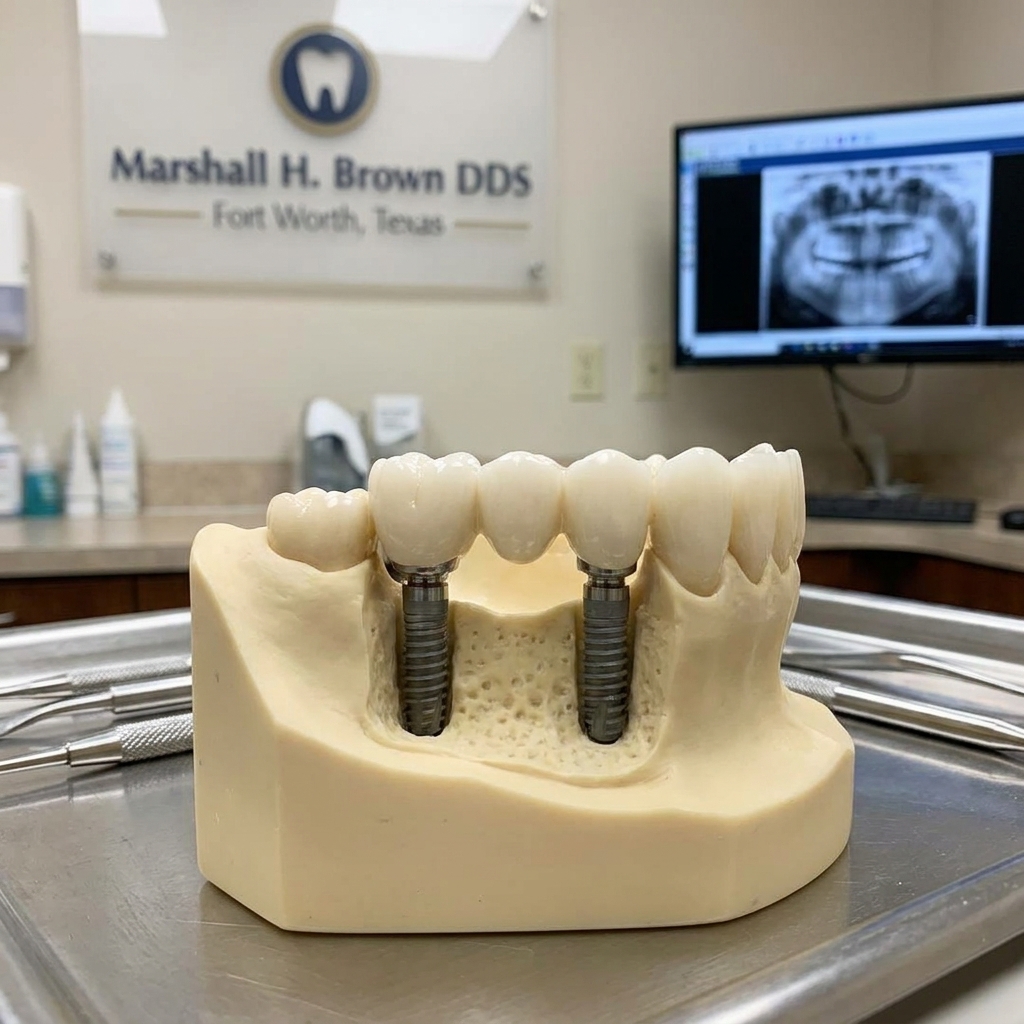 Implant-supported dental bridge replacing multiple adjacent missing teeth using two implant posts at Marshall H. Brown DDS Fort Worth Texas