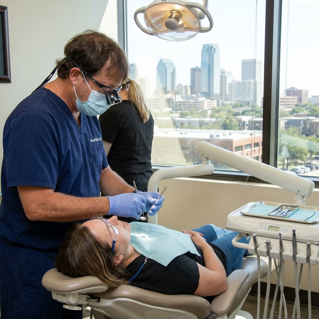 Dr. Marshall H. Brown DDS performing a gentle tooth extraction procedure with precision instruments while a patient rests comfortably at his Fort Worth Texas dental office