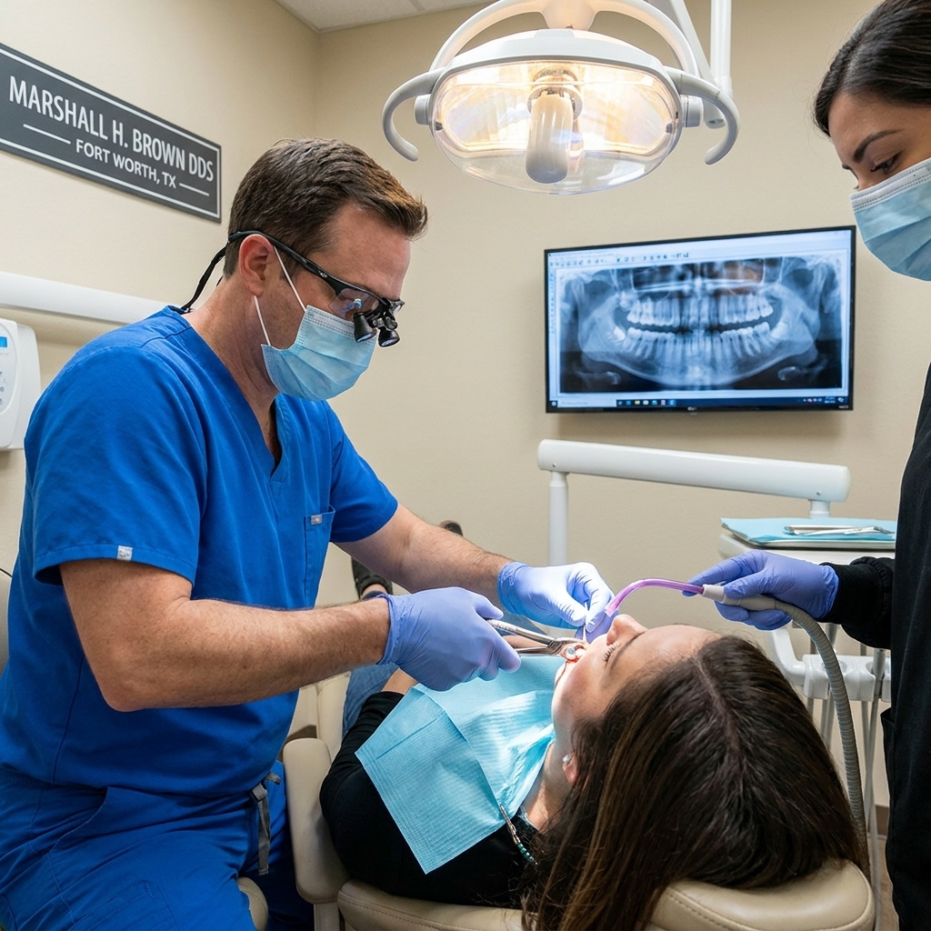 Impacted wisdom tooth removal procedure showing third molar being carefully extracted at Marshall H. Brown DDS Fort Worth Texas
